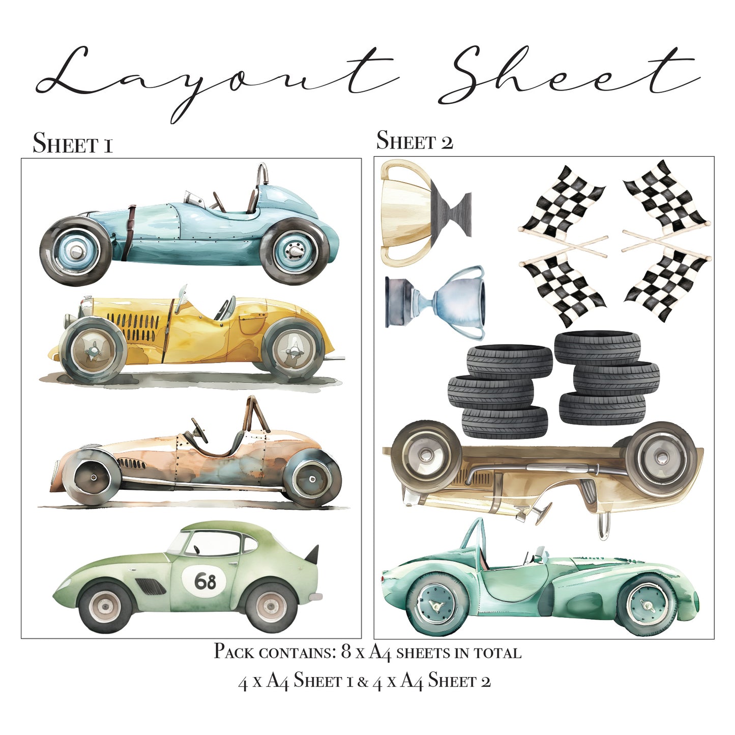 Vintage Racing Car Wall Sticker Pack