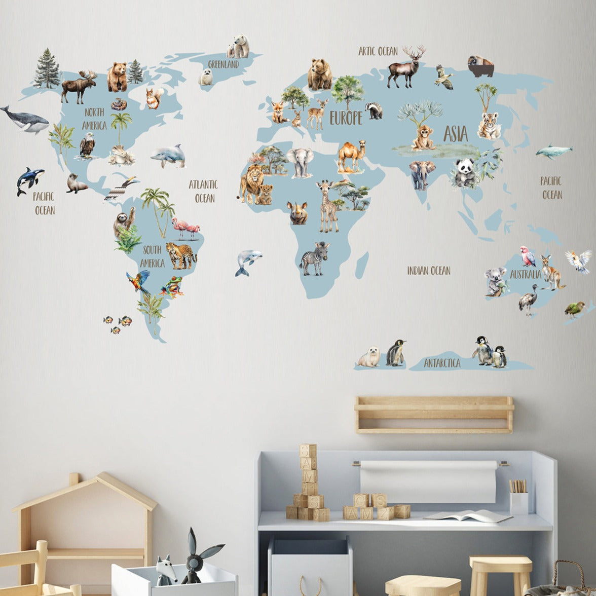 Animals of The World Map Wall Sticker Set