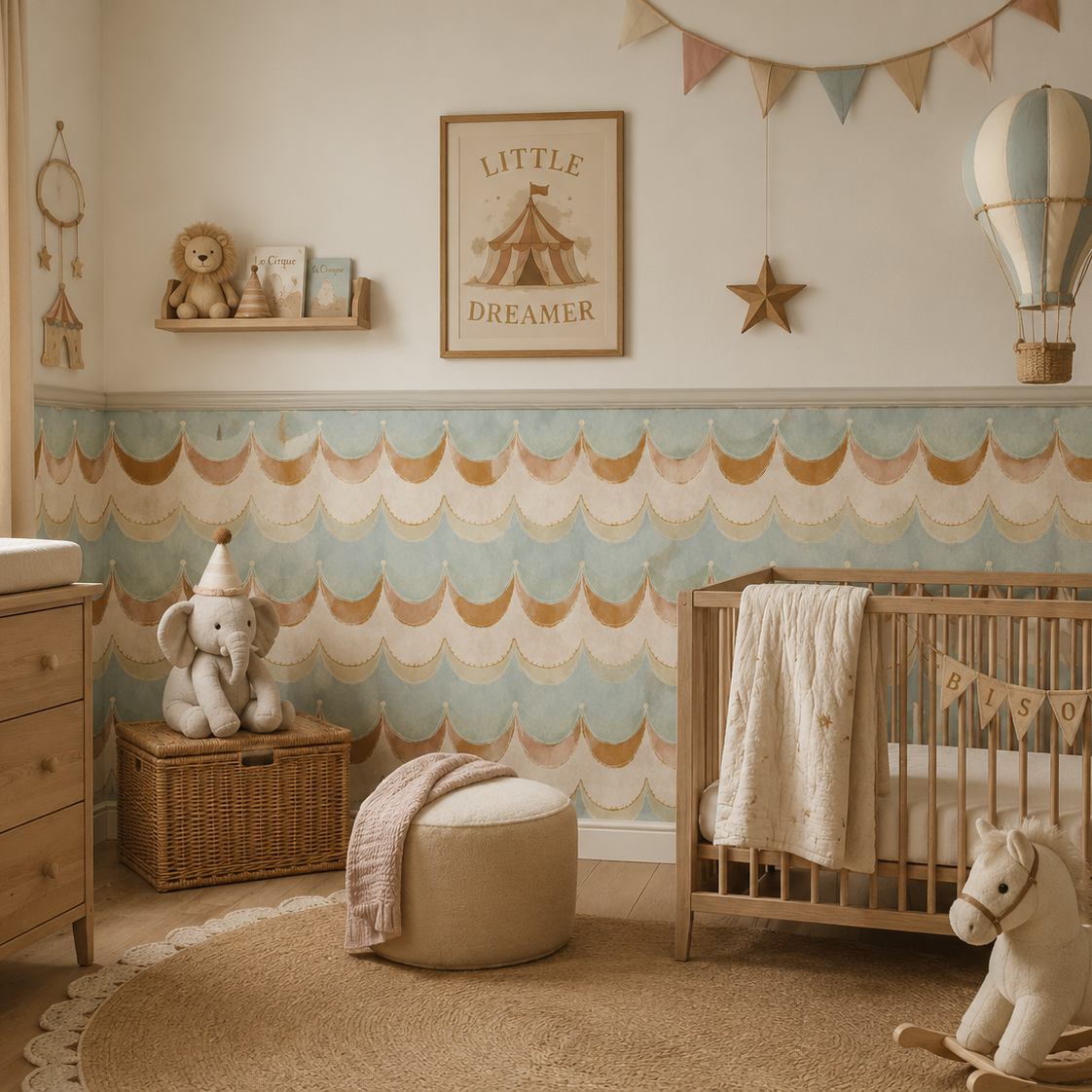 A styled nursery room featuring a scalloped wallpaper in soft pastel blue, beige, and brown tones. The room is decorated with a wooden dresser, a crib, a rocking horse, a plush elephant, and whimsical wall decorations including a hot air balloon, bunting, and a 'Little Dreamer' framed print.